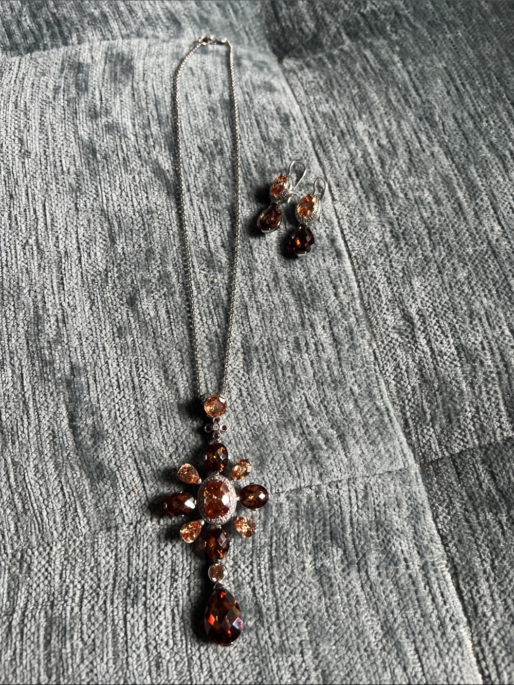 Sterling silver Champagne and Brown Crystal Drop Necklace with Matching Earrings